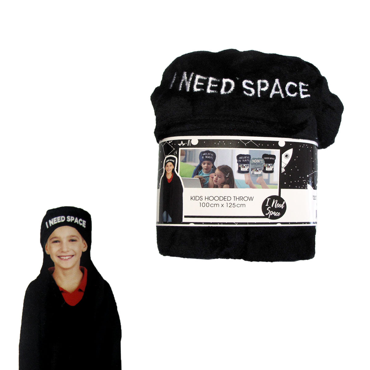 Kids Embroidered Hooded Throw Rug 100 x 125cm - I Need Space, I Believe in Naps, Don't Wake Me Up