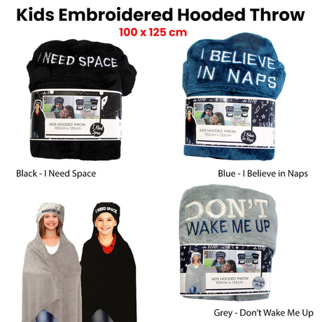 Kids Embroidered Hooded Throw Rug 100 x 125cm - I Need Space, I Believe in Naps, Don't Wake Me Up