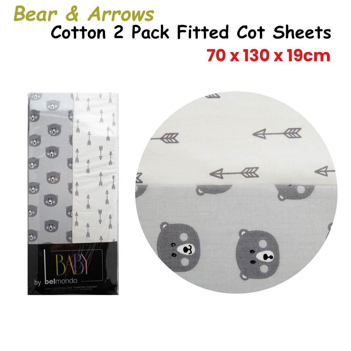 250Tc Bears & Arrows & Triangles 2 Pack Fitted Cot Sheets
